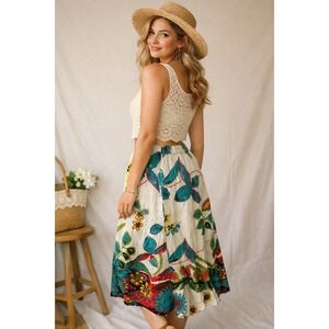 Boho Embroidered Floral Midi Skirt L Elastic Waist Colorful Cottagecore ArtPrint